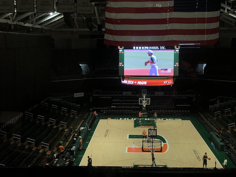 As befits a university with an active sports program, the University of Miami’s Athletic Department has a busy Video Productions Services team. The Miami Hurricanes compete in the Atlantic Coast Conference (ACC) with games and events digitally broadcast on ESPN College Extra and ESPN3. From five UM venues, Miami Hurricanes’ men’s and women’s basketball, baseball, women’s soccer, women’s volleyball, tennis and track and field, digital broadcasts, along with in-game, in-venue video board shows, are produced in-house, mainly by students from UM’s School of Communication led by a professional staff of three.